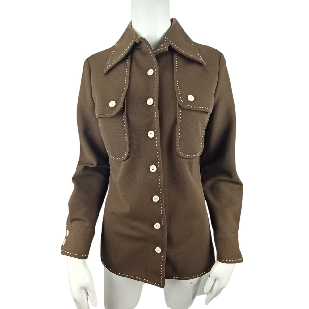 ACT lll Vintage Shirt Jacket Polyester Brown & Whote Button Cuff Small